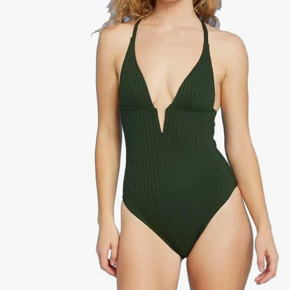 Women’s Shade & Shore dark green plunge front v-wire one piece swimsuit Large